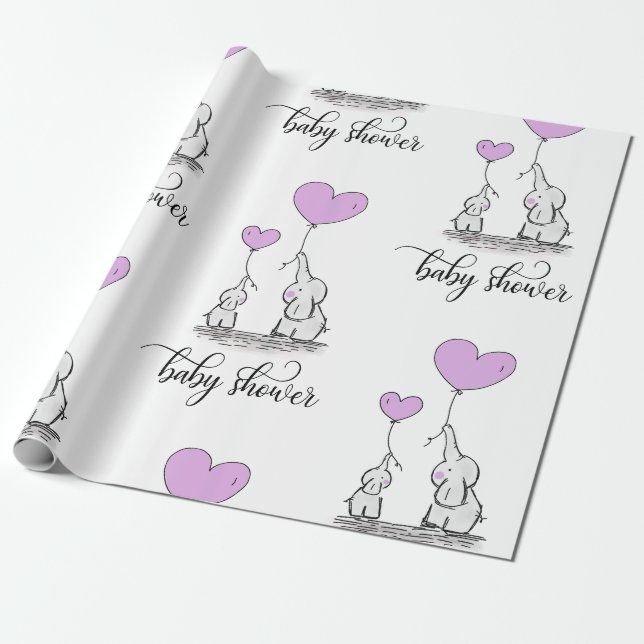 Elephant Mommy & Baby Shower Lavender Purple Wrapping Paper (Unrolled)