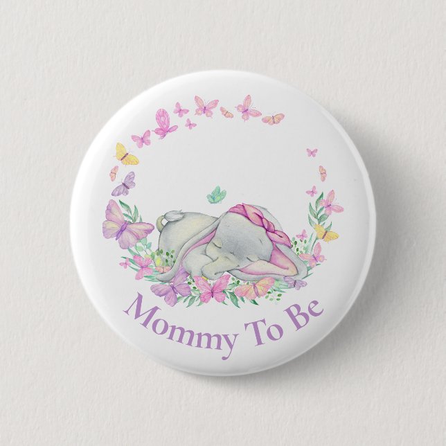 Elephant Mommy to be Butterfly  Pink Button (Front)