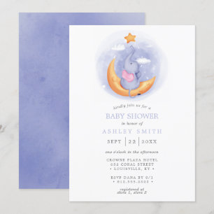 Elephant Moon Watercolor Whimsical Baby Shower Invitation