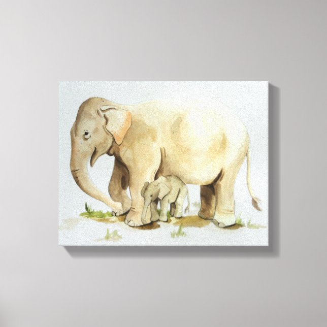 Elephant Mother and Baby Watercolor 14x11 Canvas Print (Front)