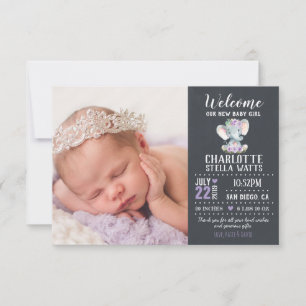 Elephant New Baby Girl Chalkboard Photo Birth Announcement