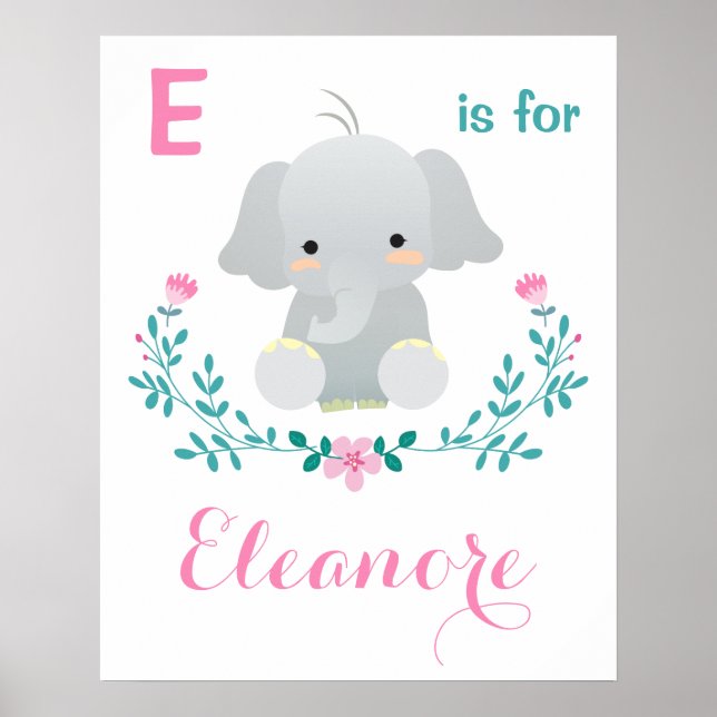 Elephant nursery art print | Baby girl custom name (Front)