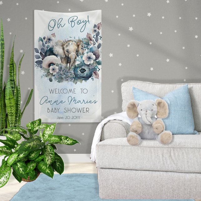 Elephant Oh Boy Blue Floral Baby Shower Banner (Creator Uploaded)