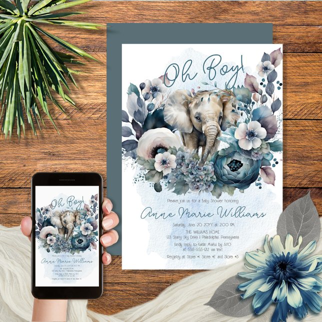 Elephant Oh Boy Blue Floral Baby Shower Invitation (Creator Uploaded)