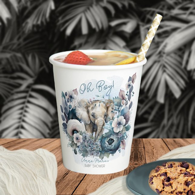 Elephant Oh Boy Blue Floral Baby Shower Paper Cups (Creator Uploaded)