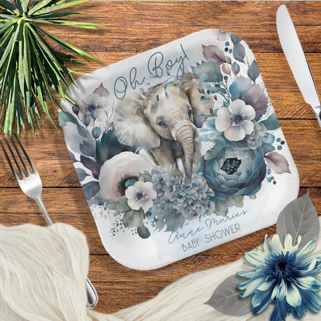 Elephant Oh Boy Blue Floral Baby Shower Paper Plate (Creator Uploaded)