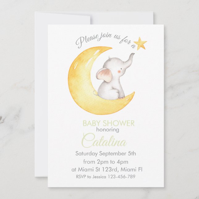 Elephant on Moon Baby Shower Invitation (Devant)