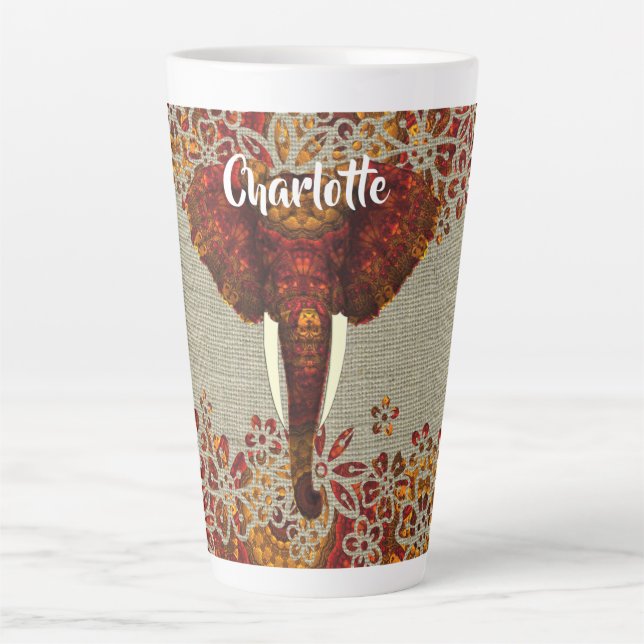 Elephant Ornate Rustic Colours Personalized Latte Mug (Front)