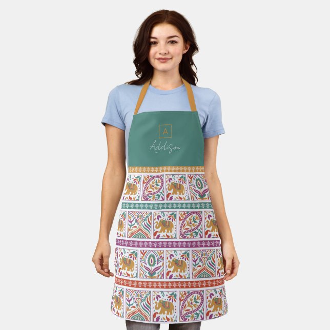 Elephant Paisley Print Personalized Monogram Apron (Worn)
