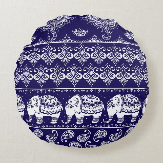 Elephant, paisley: tribal vintage pattern. round pillow (Front)