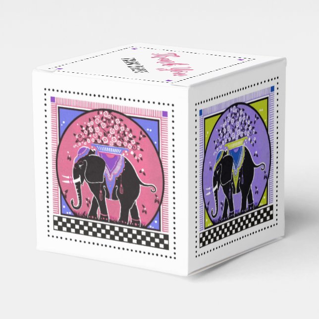 Elephant Parade in Yellow, Aqua, Pink and Lavender Favor Box (Front Side)