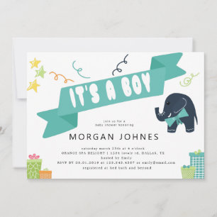 Elephant Party Boy   Baby Shower Invitation