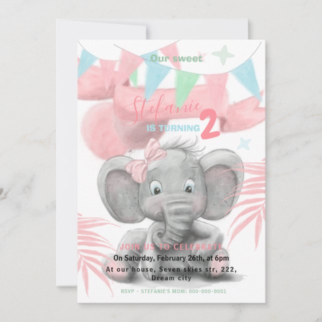 Elephant party girl's birthday invitation (Front)