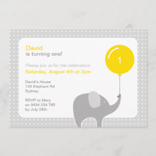 Elephant Party Invitation, Yellow & Grey Invitation