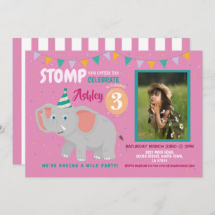 Elephant Party Kids Birthday Photo Pink Invitation