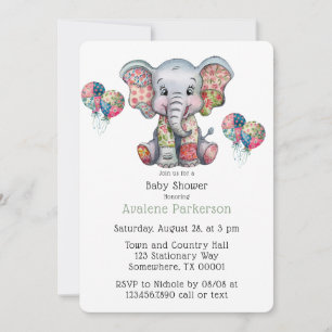 Elephant Patchwork Chic Girl or Boy Baby Shower  Invitation