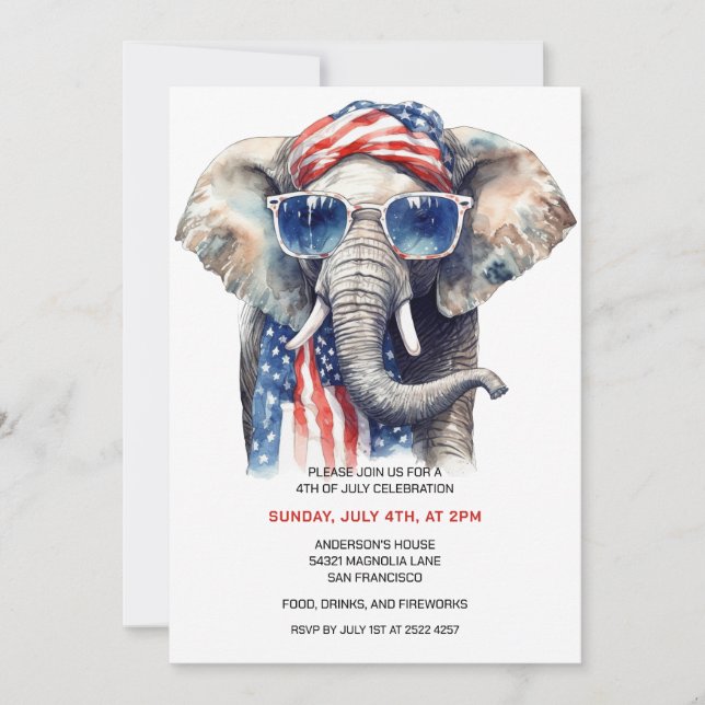 Eléphant patriotique 4 juillet invitations (Devant)