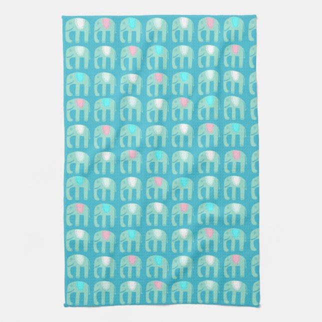 Elephant Pattern Aqua Blue Kitchen Towel (Vertical)