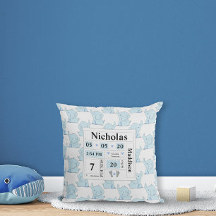 Elephant Pattern Birth Announcement Stats Blue Throw Pillow