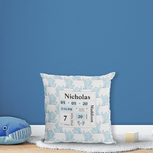 Elephant Pattern Birth Announcement Stats Blue Throw Pillow (Creator Uploaded)