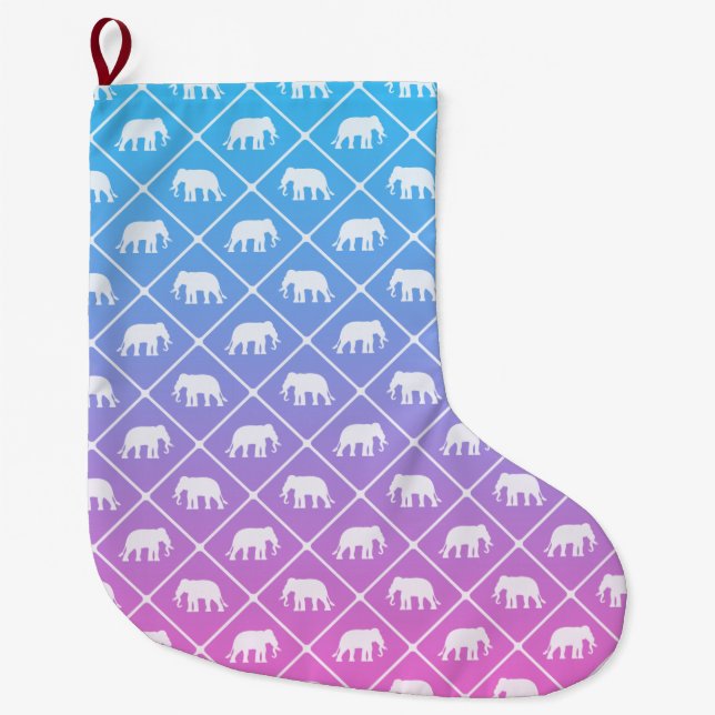 Elephant pattern on blue to pink gradient large christmas stocking (Front)