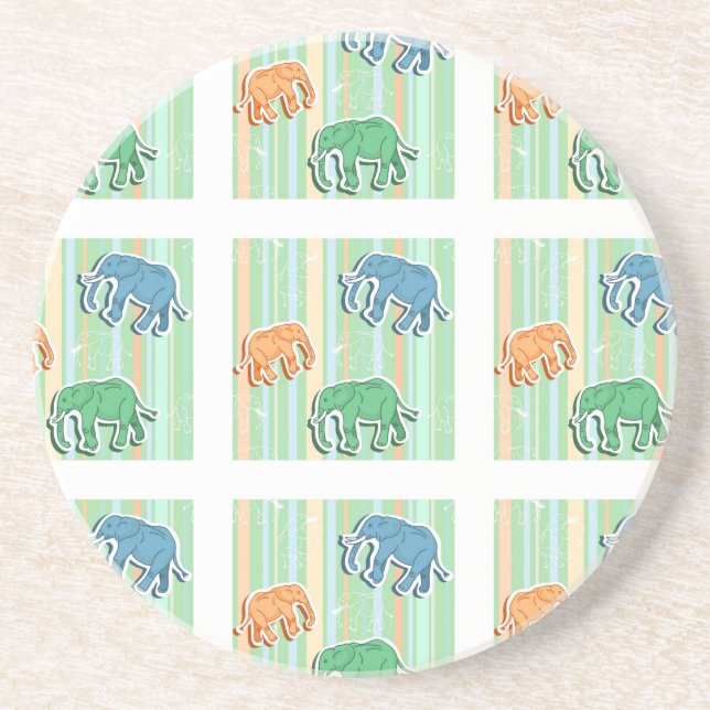 Elephant Pattern On Green Stripes Coaster (Front)