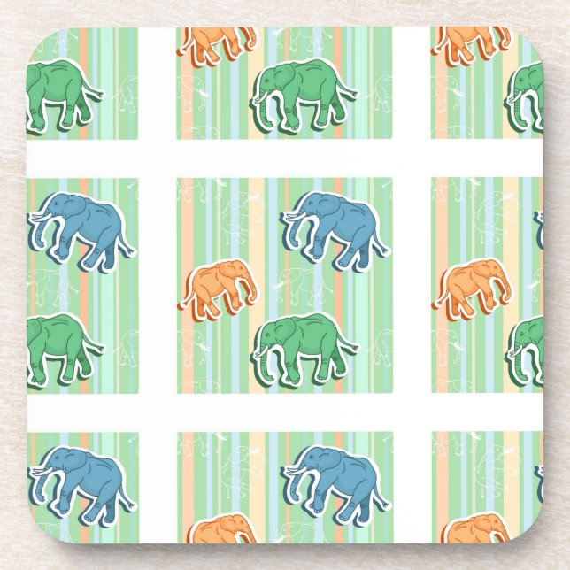 Elephant Pattern On Green Stripes Coaster (Front)