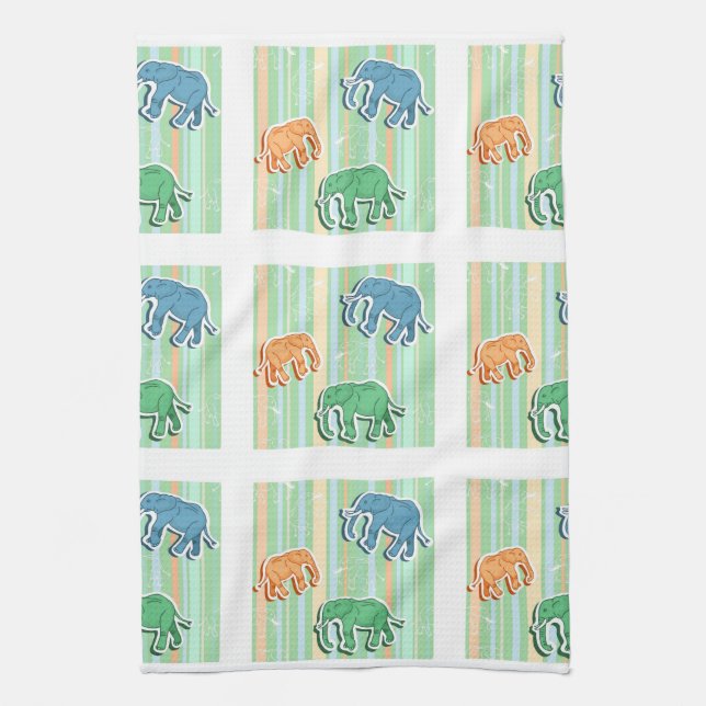 Elephant Pattern On Green Stripes Kitchen Towel (Vertical)