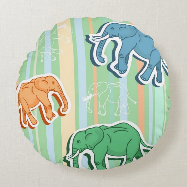 Elephant Pattern On Green Stripes Round Pillow (Front)