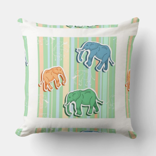 Elephant Pattern On Green Stripes Throw Pillow (Front)