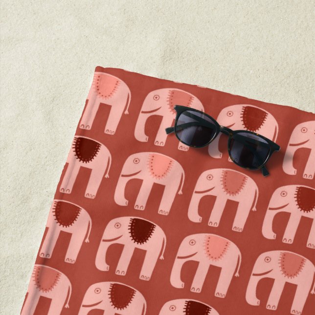Elephant Pattern Pink Red Beach Towel (In Situ)