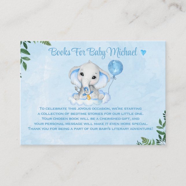 Elephant Personalized  Boys Books For Baby Shower  Enclosure Card (Front)