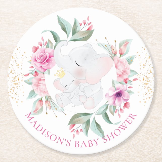 Elephant Personalized Girl baby shower Round Paper Coaster (Front)