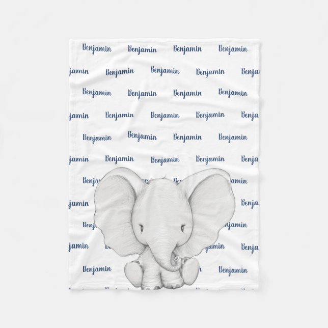 Elephant Personalized Navy Blue Name Boy Fleece Blanket (Front)