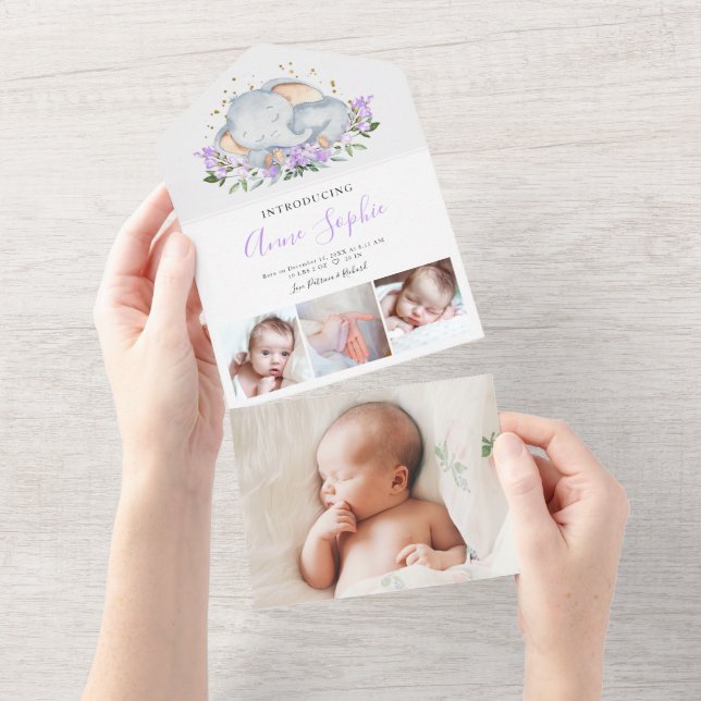 Elephant Photo Birth Announcement Card (Tearaway)
