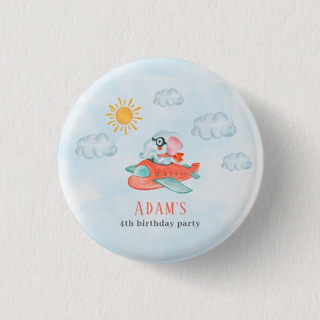 Elephant Pilot Birthday party button  (Front)