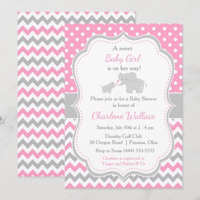 Elephant Pink and Grey Baby Shower Invitation (Front/Back)