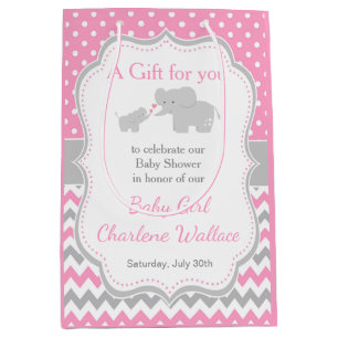 Elephant Pink and Grey Baby Shower Thank You Medium Gift Bag