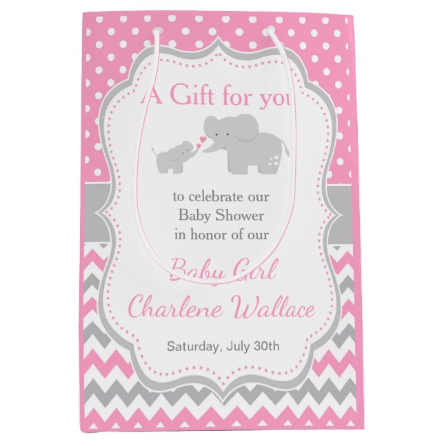 Elephant Pink and Grey Baby Shower Thank You Medium Gift Bag (Front)