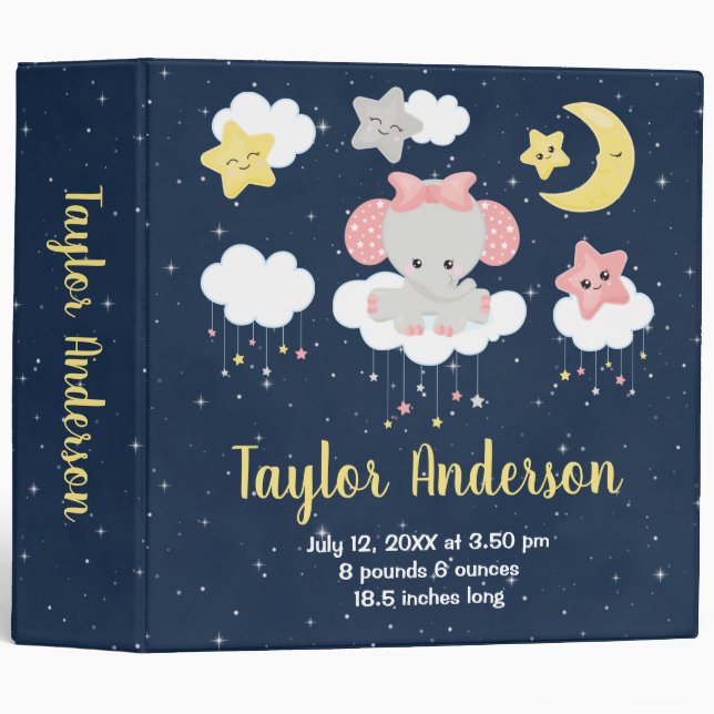 Elephant Pink and Navy Baby Birth Statistics Binder (Front/Spine)
