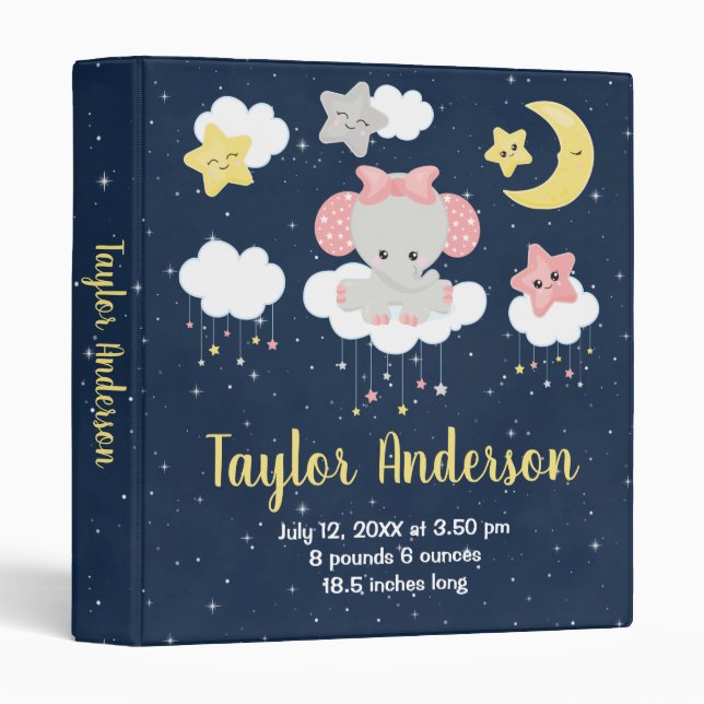 Elephant Pink and Navy Baby Birth Statistics Binder (Front/Spine)