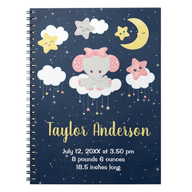 Elephant Pink and Navy Baby Birth Statistics Notebook (Front)