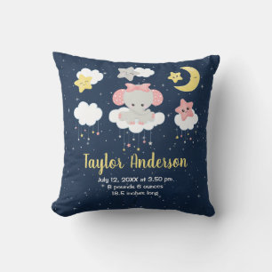Elephant Pink and Navy Baby Birth Statistics Throw Pillow