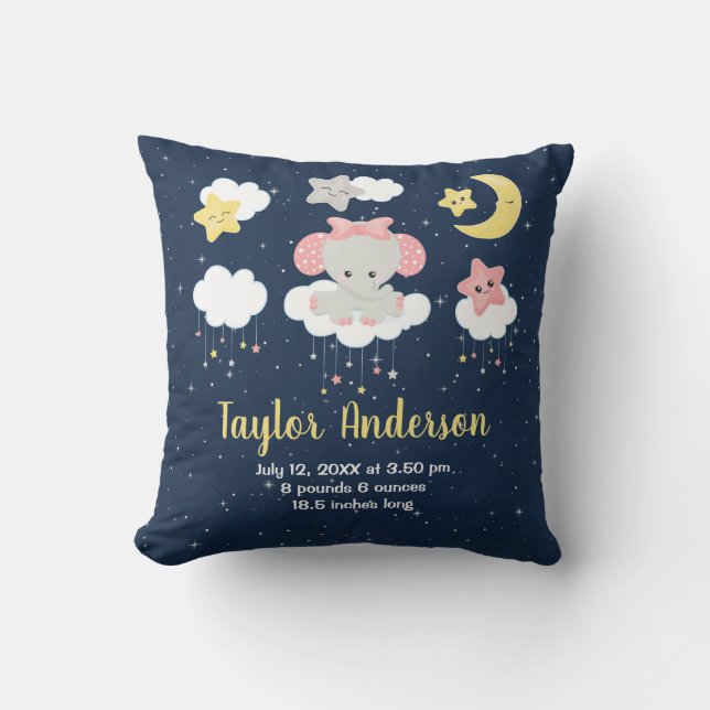 Elephant Pink and Navy Baby Birth Statistics Throw Pillow (Front)