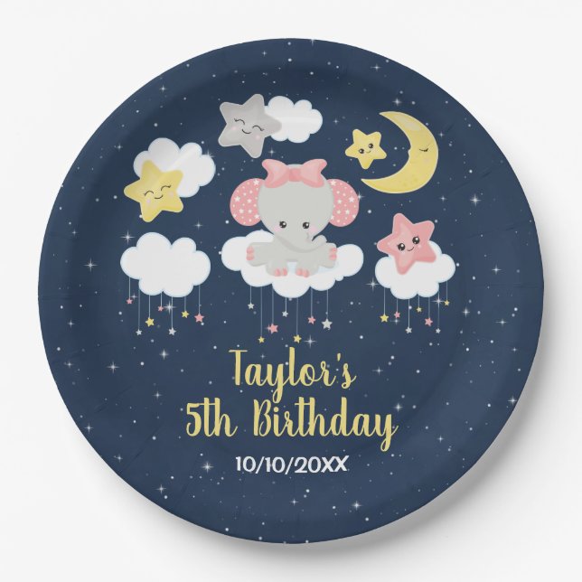Elephant Pink and Navy Birthday Party Paper Plate (Front)