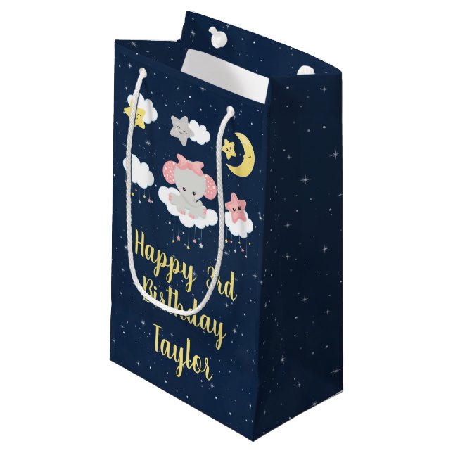 Elephant Pink and Navy Happy Birthday Small Gift Bag (Front Angled)