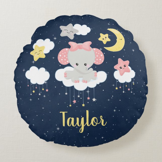 Elephant Pink and Navy Round Pillow (Front)