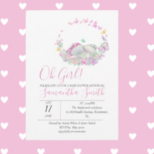 Elephant Pink Butterflies Baby Shower Invitation