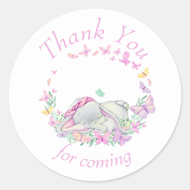 Elephant pink Butterflies Baby Shower Thank You   Classic Round Sticker (Front)