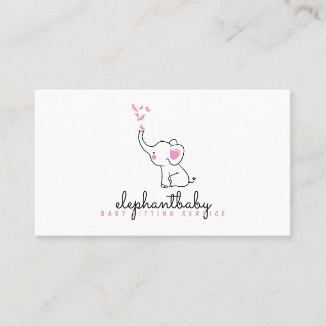 Elephant Pink Butterflies Cute Animal Business Card (Front)